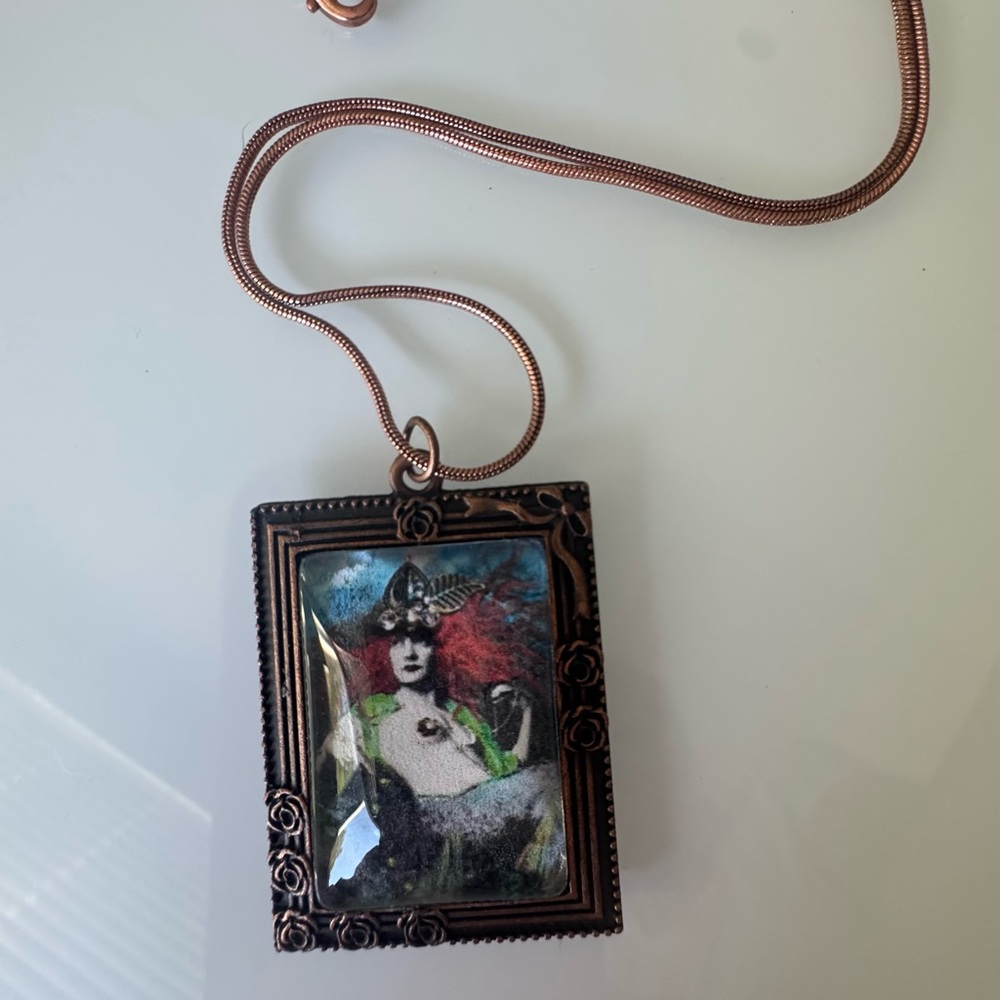 Vintage Style Pendant Necklace with Mermaid Art